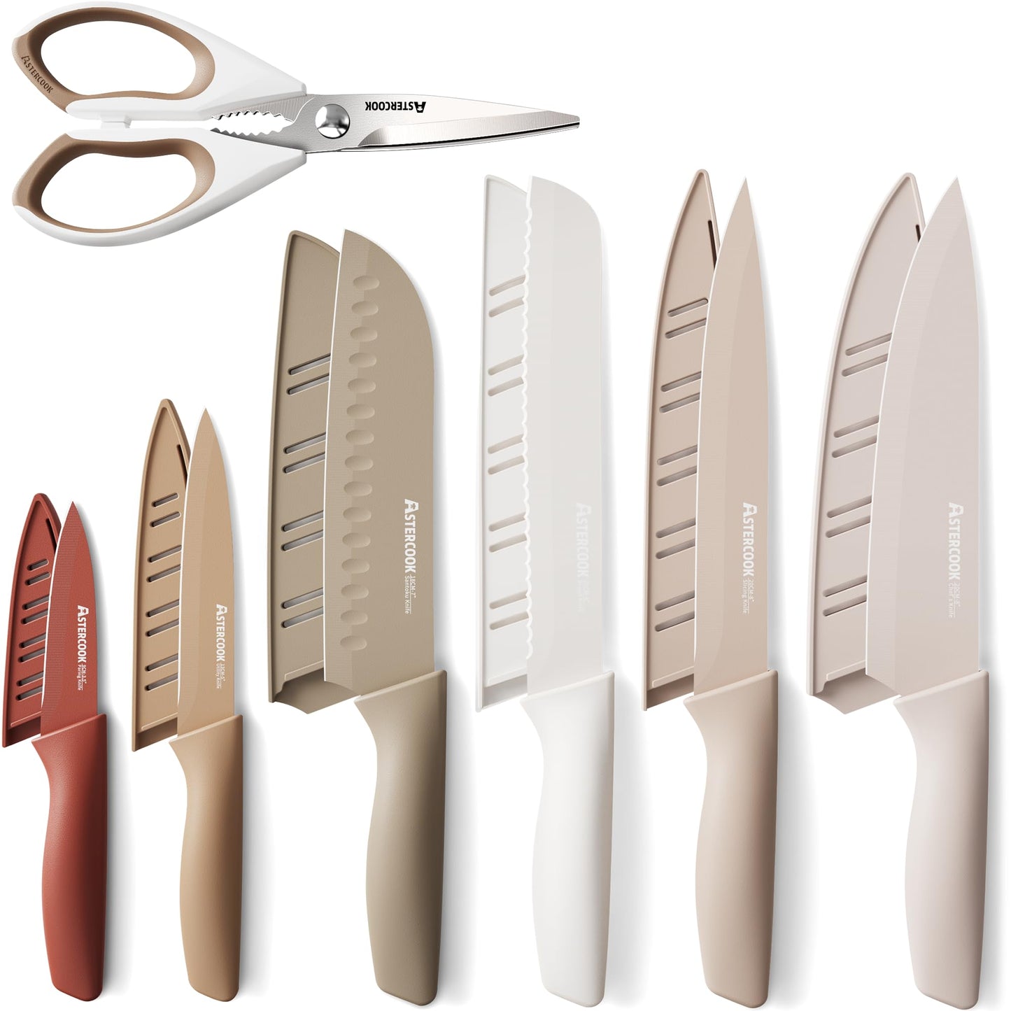 Astercook Knife Set, 13 Pieces Kitchen Knives Set with Healthy Anti-Rust Coating, Dishwasher Safe, Stainless Steel Chef Knife Sets with 6 Blade Guards, Perfect Mothers Day Gifts for Kitchen