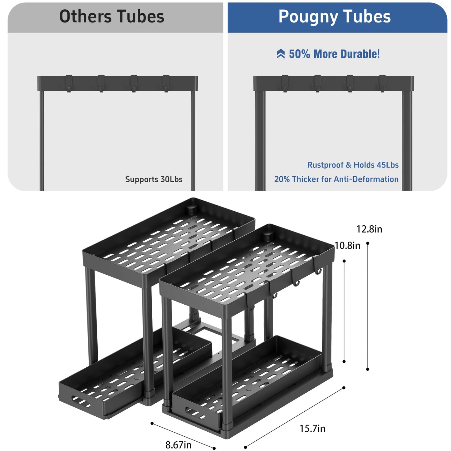 POUGNY 2PC Under Sink Organizer Rack 2 Tier Under Sliding Cabinet Basket Organizer Drawer with 4 Hooks, Multi-purpose Under Sink Storage for Bathroom Kitchen Desktop（Black）