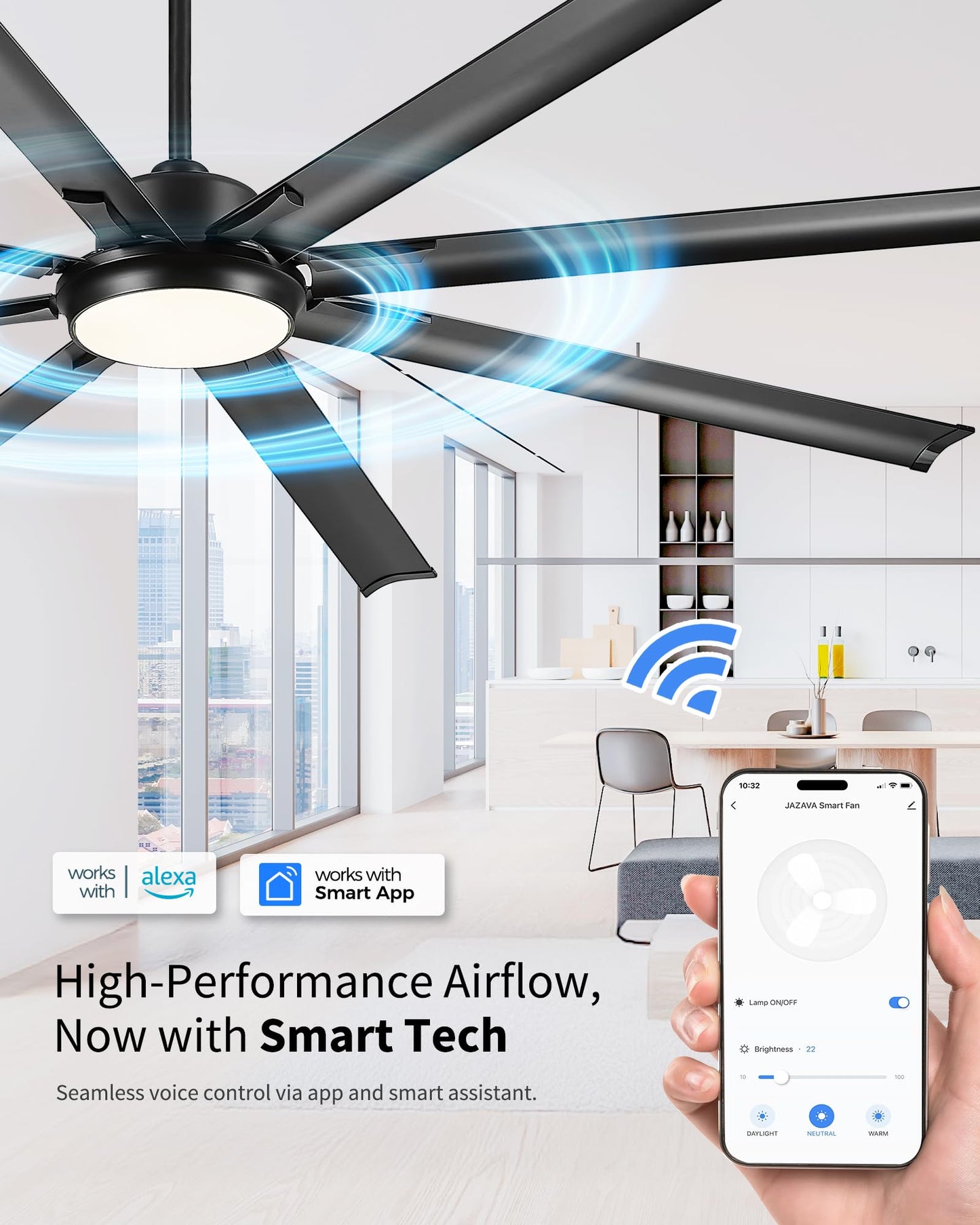 JAZAVA 84 Inch Industrial Ceiling Fan with Light, Large Ceiling Fan with 8 Aluminum Blades, Works with Alexa, 6-Speed Reversible DC Motor, 3 CCT Settings, Ideal for Covered Outdoor Spaces, CF04BK-84