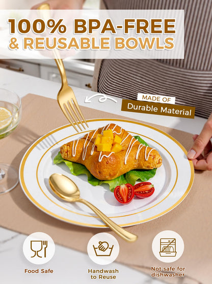 WDF 120 pieces Gold Disposable Plastic Plates - White and Gold Plates Include 10.25" Dinner Plate & 7.5" Salad Plate for Mother's Day Party Baby Shower Wedding Spring