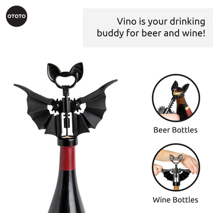 OTOTO Vino Spooky Bat 2-in-1 Wine & Beer Opener, Corkscrew & Bottle Opener - Goth Wine Accessories & Gifts for Wine Lovers
