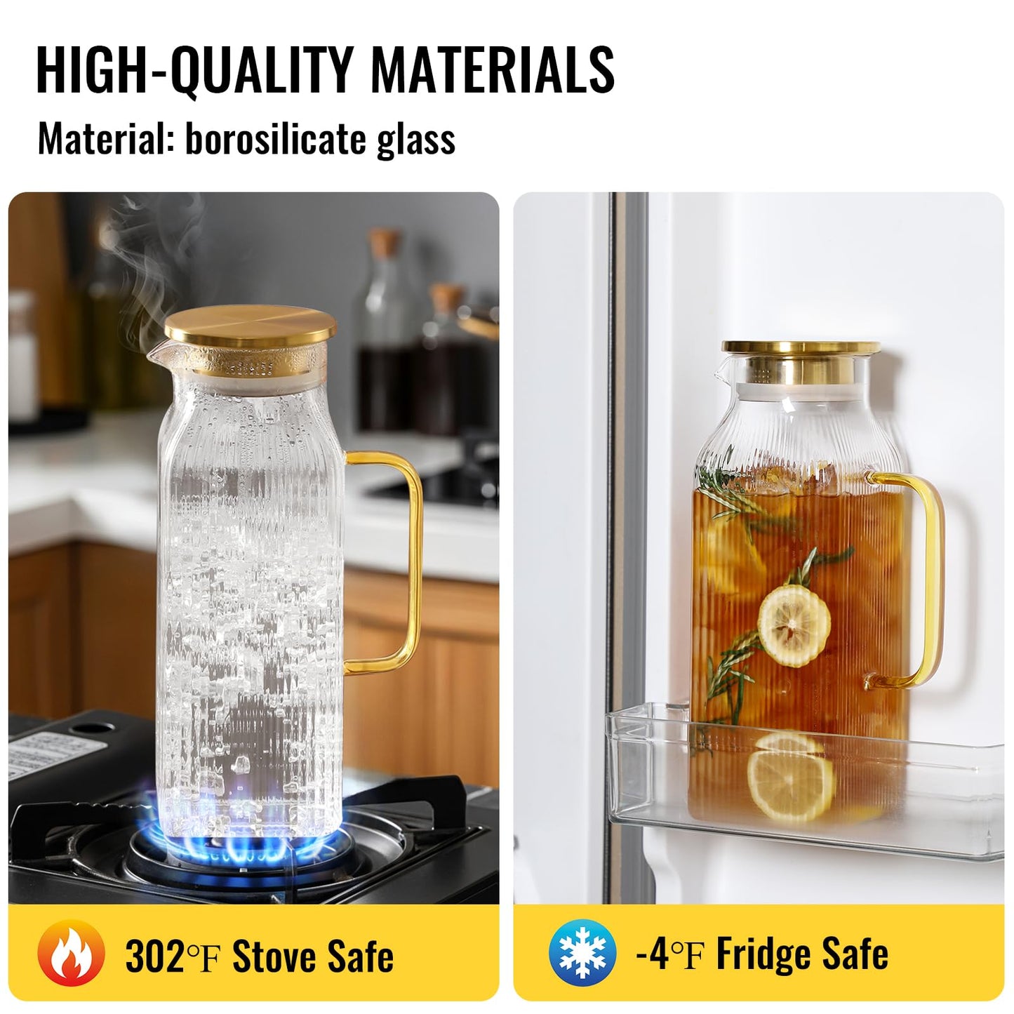 4 Pack 2 Liter/68 oz Square Glass Pitcher with Lid, Classic Stripes Water Pitchers with Handle for Fridge, Large Jug for Iced Tea, Coffee, Borosilicate Glass Carafe for Hot/Cold Brew Drink, Gold