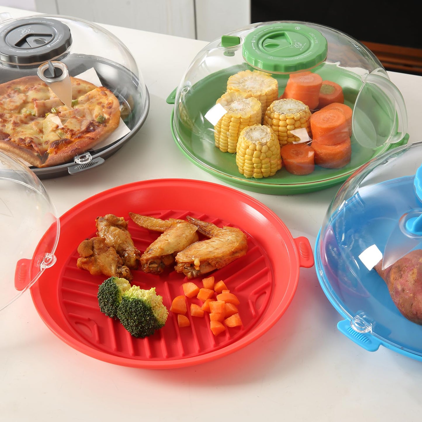 Microwave Splatter Cover Lid for Food 10.2 Inch with Water Steamer, Clear Microwave Splash Guard Cooker Lid with Plate, Dish Bowl Plate Serving Cover Cookware High Transparent Plastic Grey