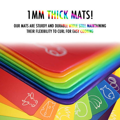 Cutting Board Mats Flexible Plastic Colored Mats with Food Icons, Fotouzy BPA-Free, Non-Porous, Anti-skid back and Dishwasher Safe, Set of 7 Rainbow - 7 Pieces