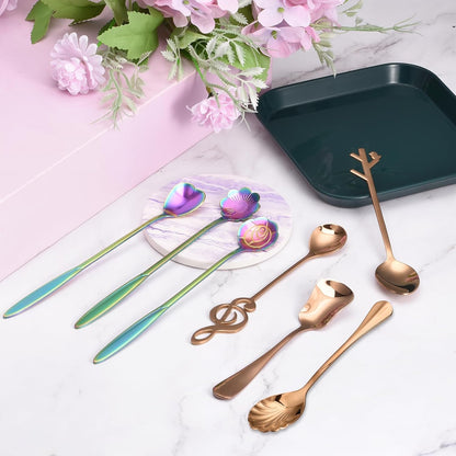 uxcell 7Pcs 5 Inch Rose Gold Stainless Steel Shell Shape Coffee Spoon Set for Tea Coffee Cake