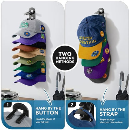 2 Pack Hat Organizer for Baseball Caps, Hat Rack for Wall Hold Up to 20 Hats, Hat Holder with Strong Adhesive and Screws, Hat Organizer Wall Mounted Hat Hanger Display for Door Closet Bedroom(B-Black)