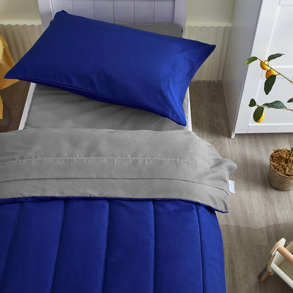 4 Pieces Toddler Bedding Set Ultra Soft and Breathable Toddler Comforter Sheet Set for Autumu and Winter- Includes Warm Comforter, Flat Sheet, Fitted Sheet and Pillowcase - Royal Blue & Gray