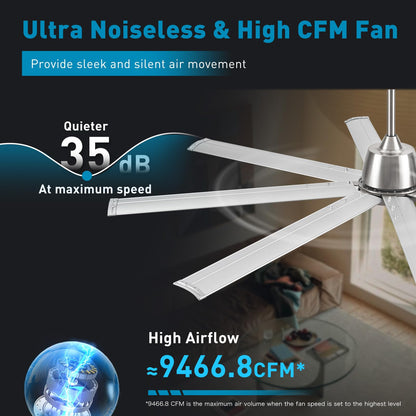 72 lnch lndustrial Smart Celing Fan with Light and Remote Control via WIFI Alexa,Large Celing Fan with 8 Brushed Nickel Aluminum Blades,6 Speed Noiseless DC Motor Indoor Outdoor Ceiling Fans for Patio