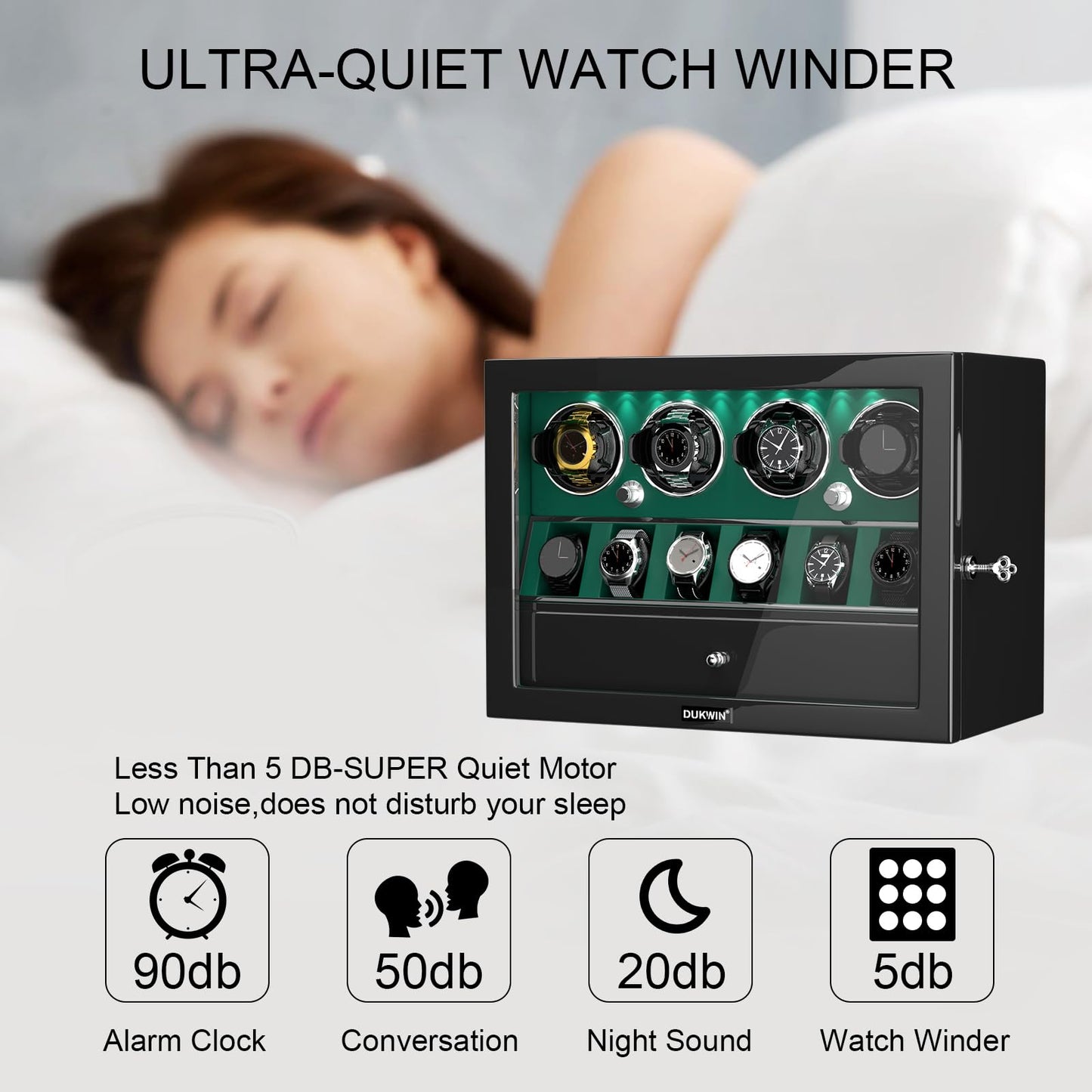 DUKWIN Watch Winder for 4 Automatic Watches,Lockable Watch Winders with Watch and Jewelry Storages, Super Quiet Mabuchi Motor with High-Gloss Piano Lacquer Finish,Built-in Illumination-Green