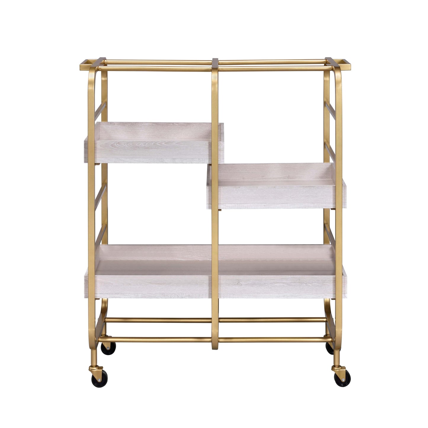 Qwtrvlizi Gold and White Washed Serving Cart with 3 Adjustable Trays