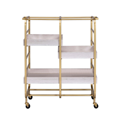 Adigyco Gold and White Washed Serving Cart with 3 Adjustable Trays