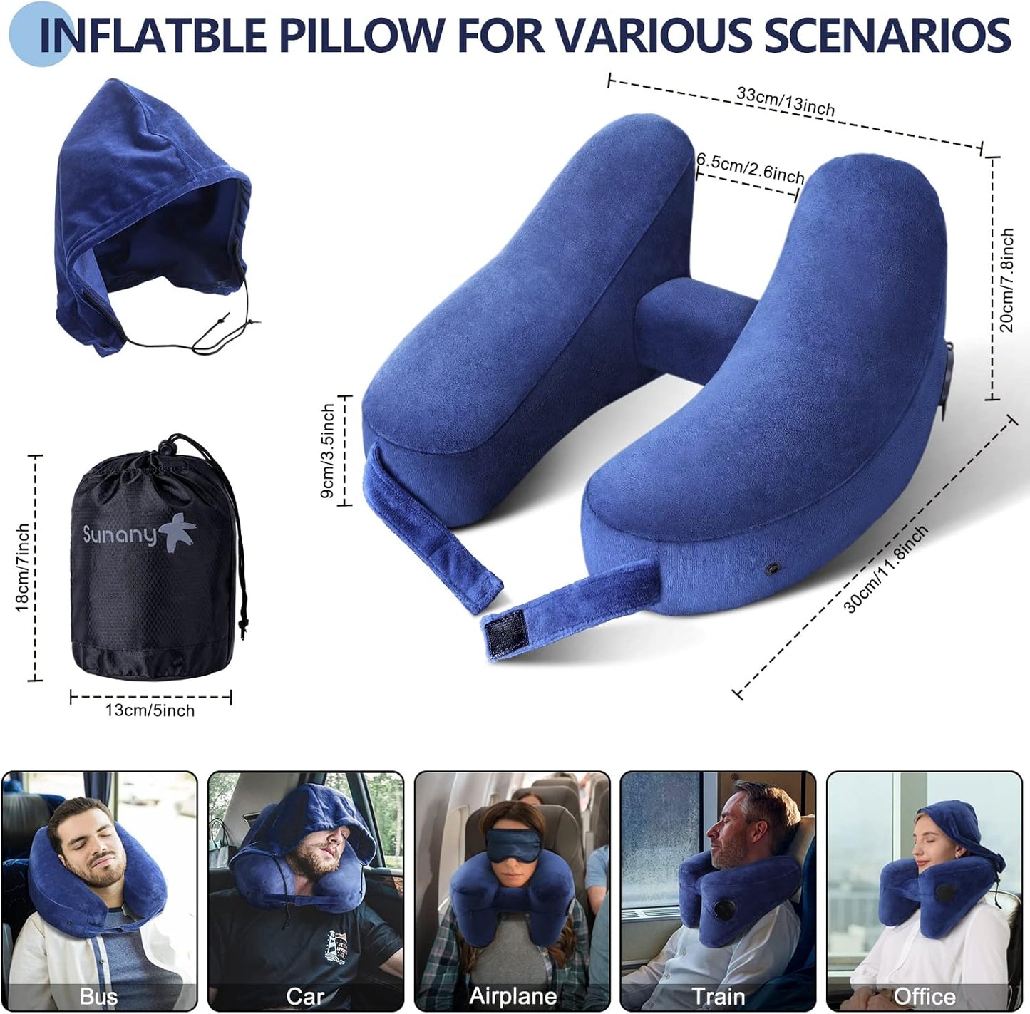 Sunany Neck Pillow for Travel - Inflatable Airplane Pillow with Soft Velour Cover and Portable Drawstring Bag (Blue)