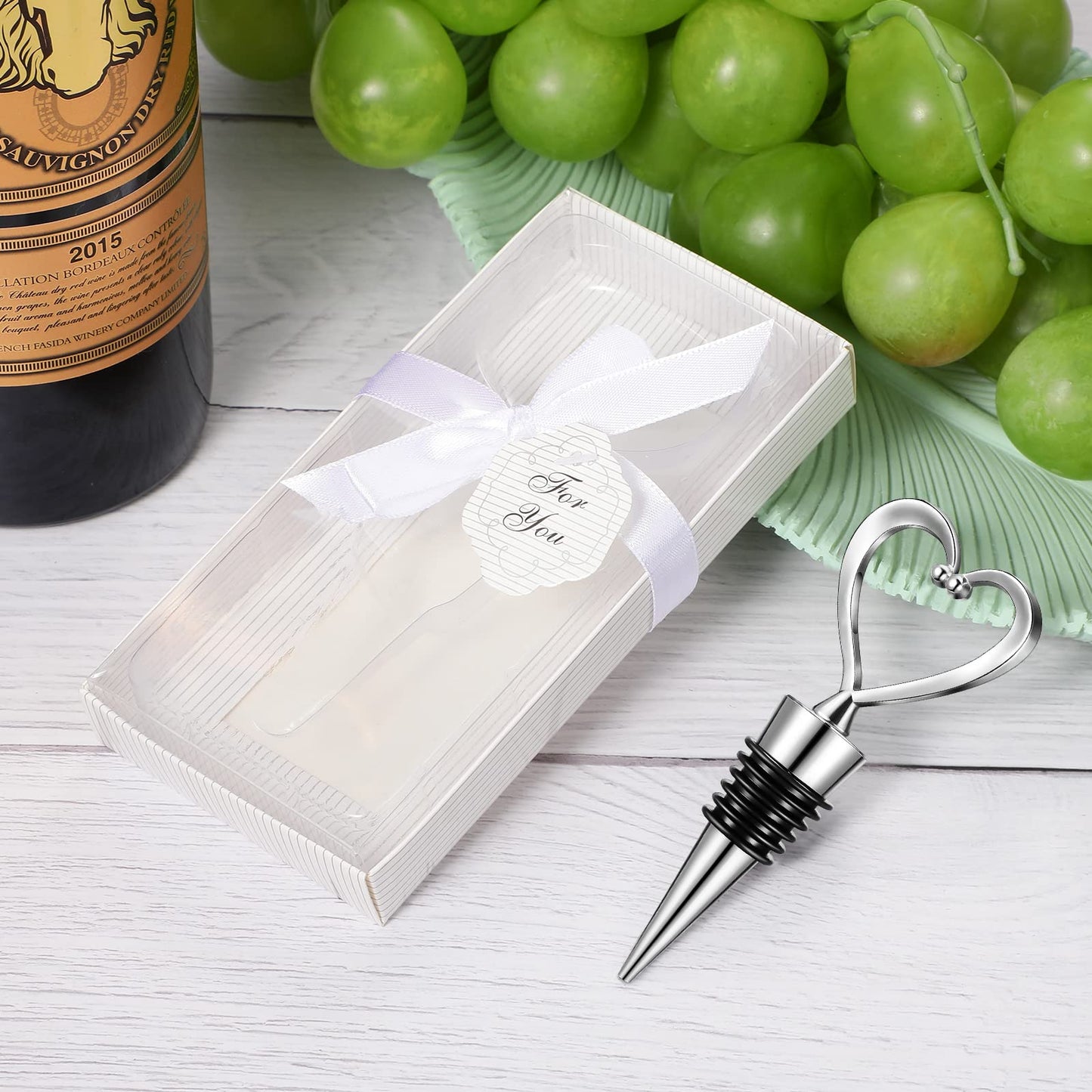 Ferraycle 30 Pcs Heart Wine Stoppers Wedding Bridal Shower Favor for Guests Silver Heart Wine Bottle Openers Champagne Stopper Wine Saver Metal Wine Cork Holder Plugs with Box for Wedding(Classic)
