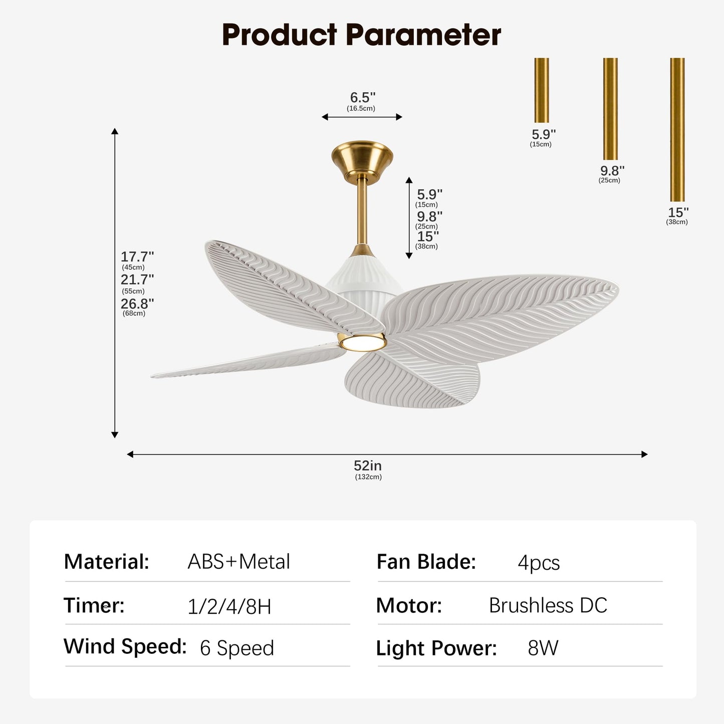 LVYEAYOU 52" Tropical Ceiling Fans with Lights, Indoor Palm Leaf Ceiling Fan with Light and Remote for Living Room Bedroom, ABS Blades, Dimmable LED Lights, 6 Speeds, Adjustable Height-White Gold