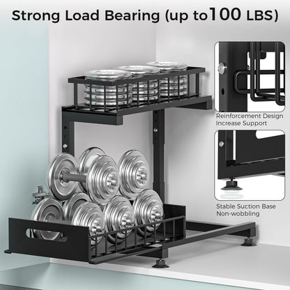 Under Sink Organizer, 2-Tier Premium Metal Pull-Out Racks with Adjustable Height, Heavy Duty Sliding Bin for Bathroom and Kitchen Cabinet Storage, Rust Resistant 2 Pack Black