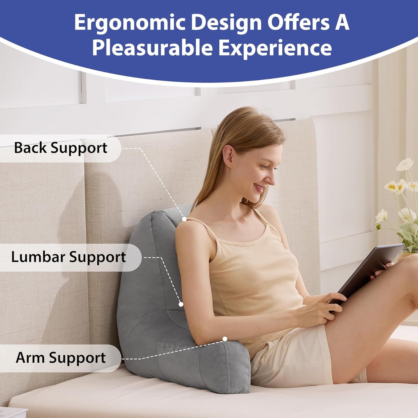 18in, IASEAHK Reading Pillows for Sitting in Bed Adult, Back Pillow for Bed Sitting Up, Backrest Pillows with Shredded