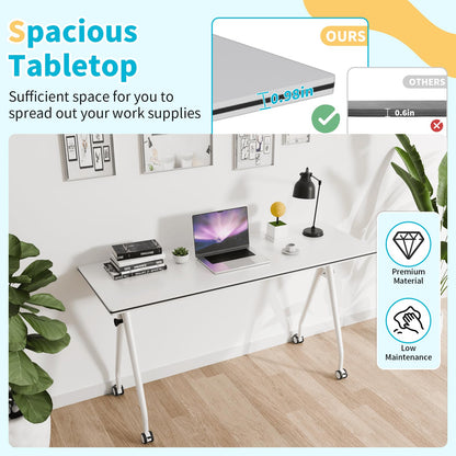Conference Table with Wheels, Folding Conference Table with Knob & 4 Brake Casters, Modular Flip Top Mobile Conference Room Table for Office, Meeting, Training Room, Class (4, White, 55.1in)