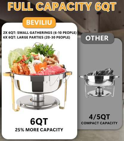 Beviliu 6QT Chafing Dishes for Buffet, 6 Pack 6QT Round Stainless Steel Chafing Dish Set for Home Parties, Christmas Gatherings, Food Warmers for Parties Buffet, Catering Supplies Buffet Display
