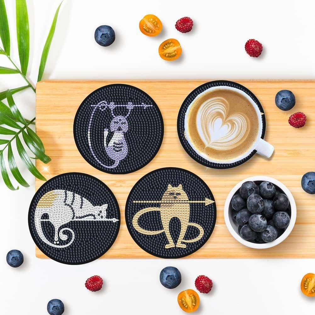 6 pcs Abstract Cat Coasters with Holder DIY Diamond Art Painting for Adults Beginners. Small Diamond Art Kits.Abstract Cat 27-6