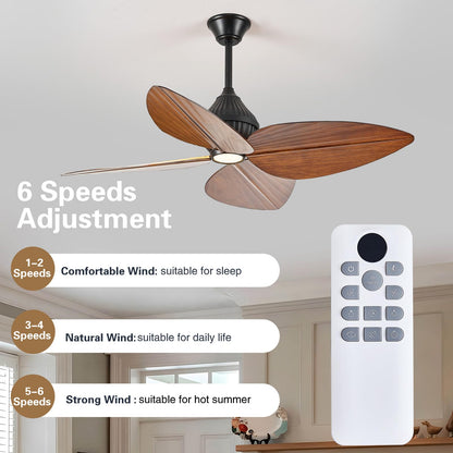 Fanyank 52“ Leaf Ceiling Fan with Light, Remote and App Control, 6 Speed Reversible, 3 Color Dimmable, Tropical Coastal Fandelier Ceiling Fans, for Bedroom, Living Room (Dark Brown)