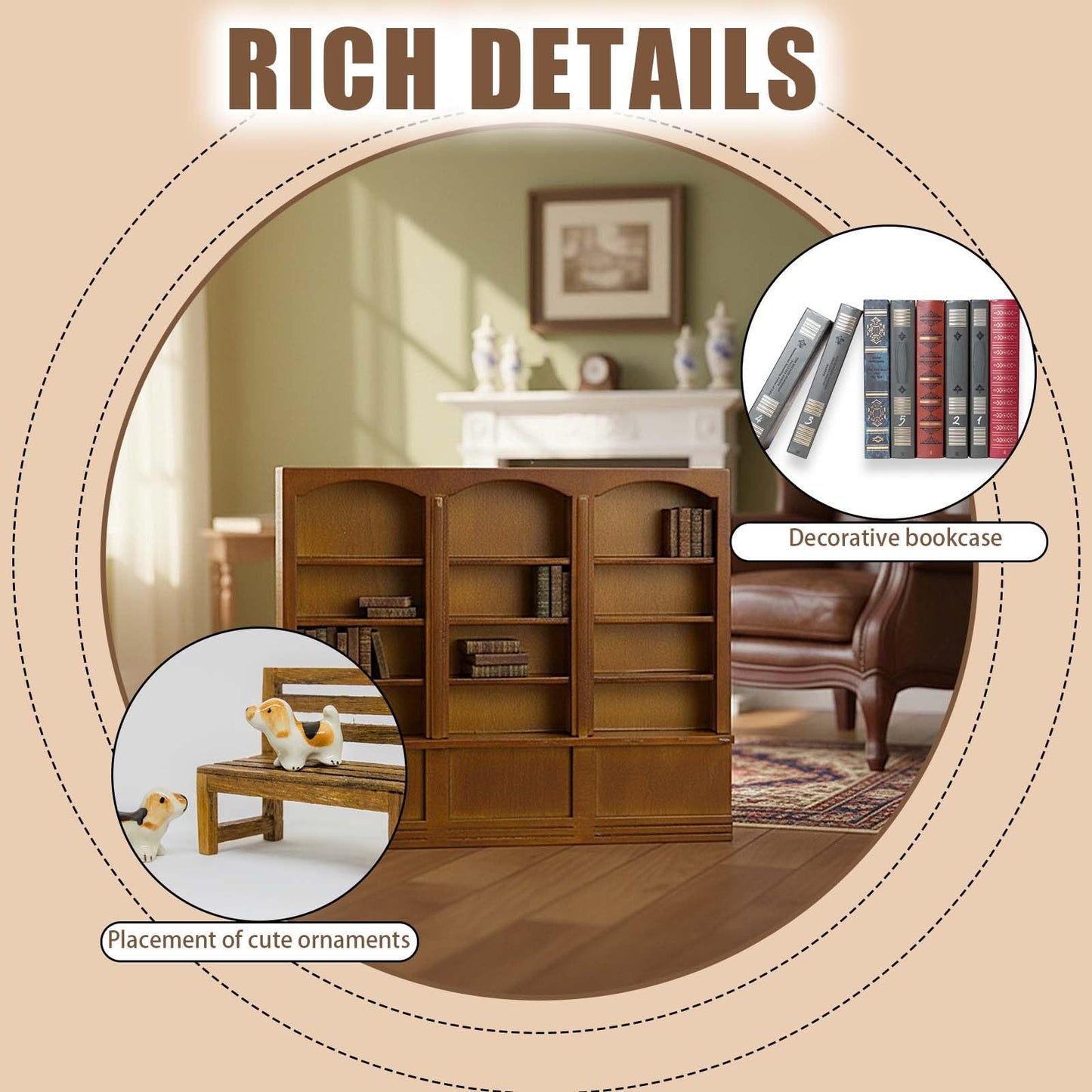 1:12 Dollhouse Mini Bookcase, Wooden Triple Display Cabinet & Bookshelf, Miniature Display Shelf for Doll House Decor Dollhouse Library Furniture Accessories (Brown)