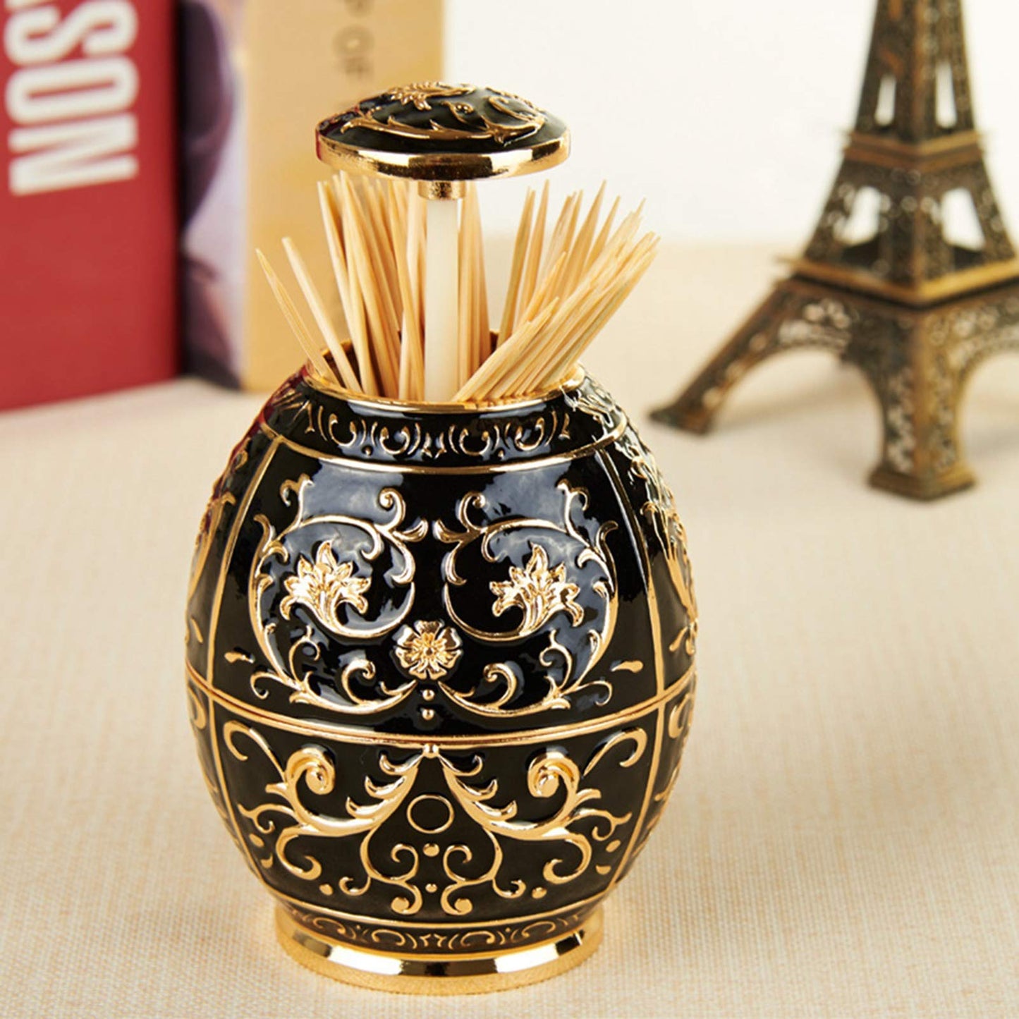 Pssopp Retractable Toothpick Holder, European Vintage Egg Shaped Toothpick Dispenser with Fully Sealed Design and Elegant Flower Carvings, Tin Alloy Storage Container for Home (Golden Black Glue)