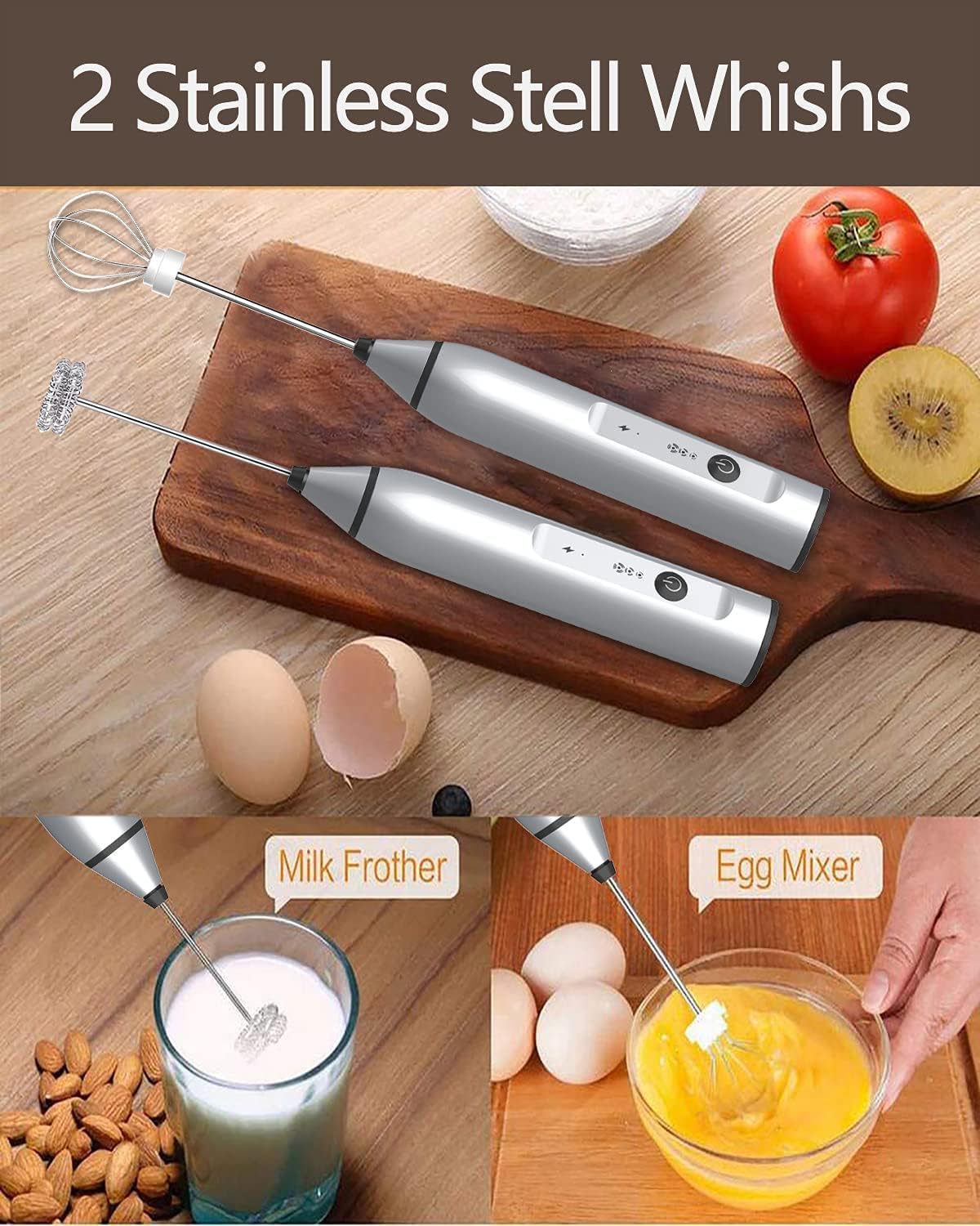 Electric Egg Blender, USB Rechargeable Handheld Egg Beater, Milk Frother for Coffee, Latte, Hot Chocolate (Silver)