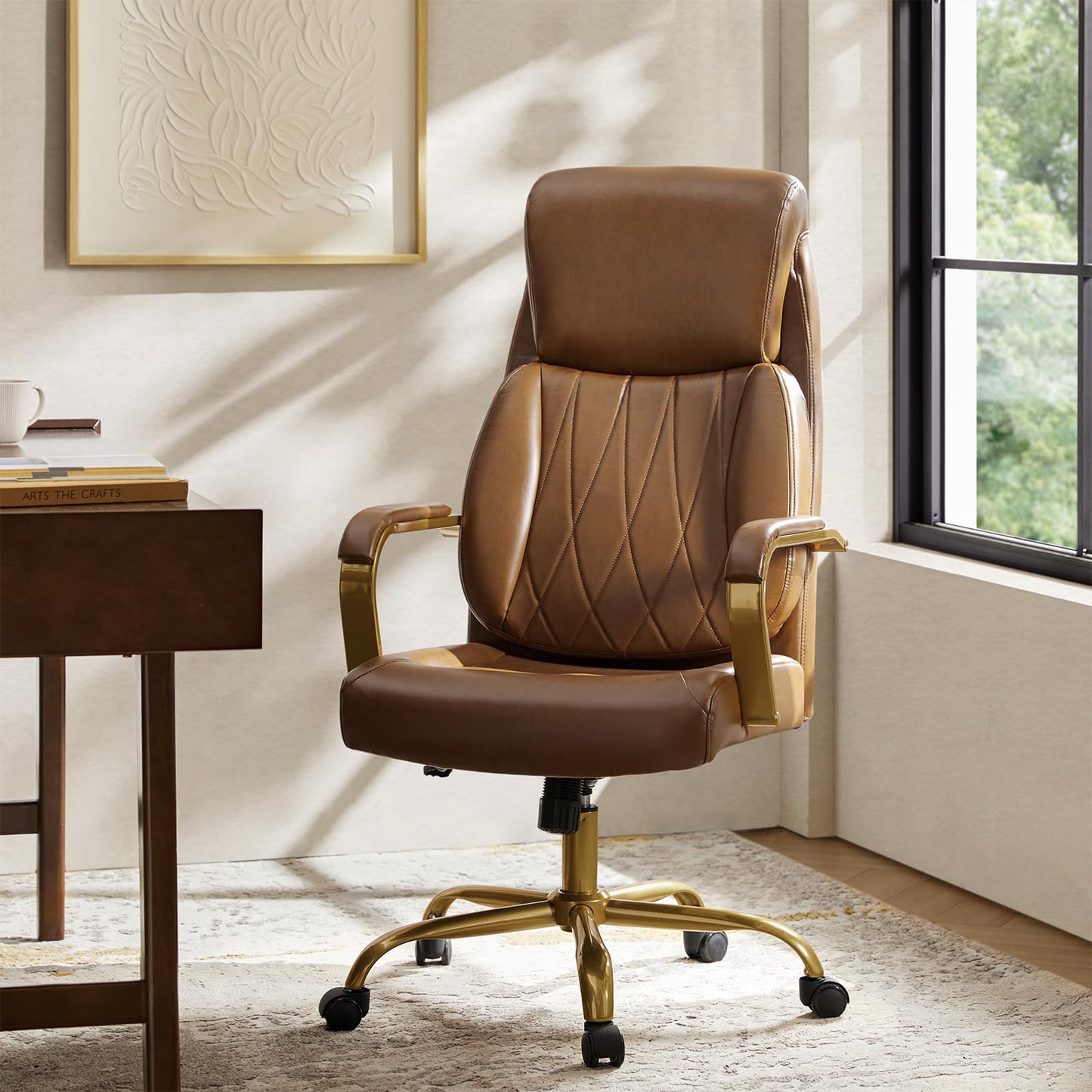 HULALA HOME Executive Office Chair, Adjustable Airbag Lumbar Support, Modern Leather Ergonomic Office Chair with Padded Armrests, Tilting & Swivel, Camel and Gold