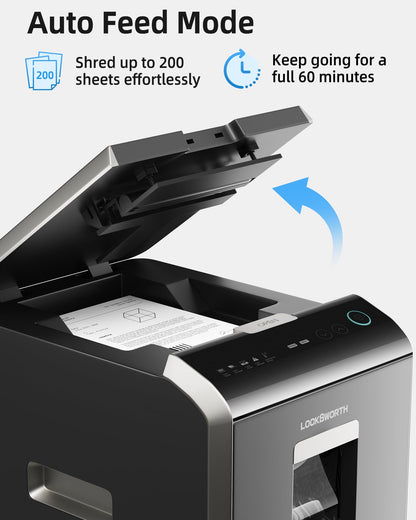 Locksworth 200-Sheet Micro Cut Shredder for Home Office, 8.5 Gallons Bin P-5 High Security Shredders for Paper, CD, Credit Card, Staple, Clip, Heavy Duty Commercial Paper Shredder with Casters