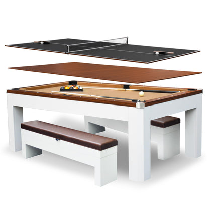 Hathaway Newport II 7 Foot Dining Pool Table Combo with Game Accessories, & 2 Benches – Multifunctional Billiards Table with Ping Pong & Dining Top – White Finish, Walnut Accents, Camel Felt