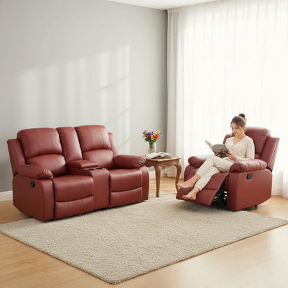 Trygoal Leather Recliner Sofa Set, Living Room Furniture Set, Adjustable Backrest Reclining Loveseat Sofa with Storage Console & Cup Holders, Manual Recliner Chair for House, Home Theater, Red