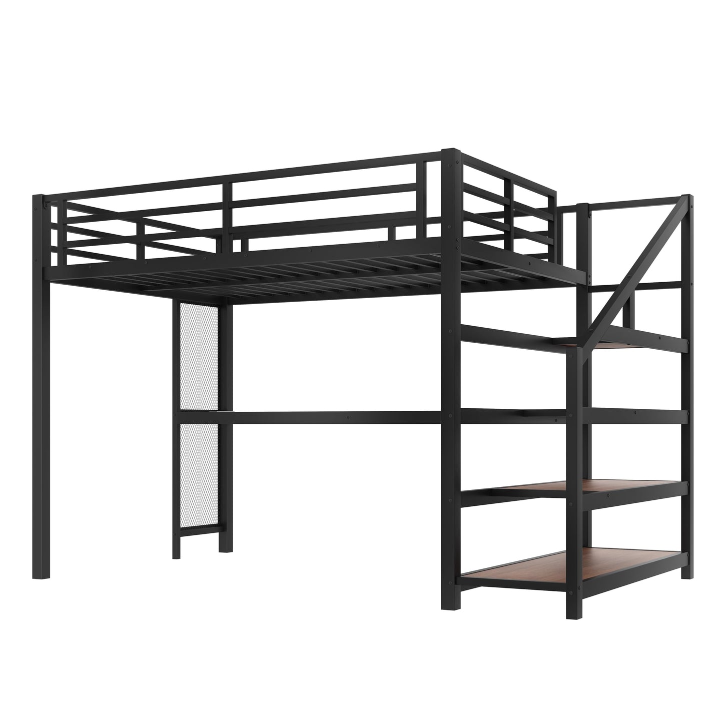 Full Size Loft Bed with Desk and Storage Stairs, Metal Loft Bed Frame with LED Lights, Charging Station, and Multi-function Iron Nets, Loftbed for Kids, Teens, Adults, Noise-free, Black and Wood