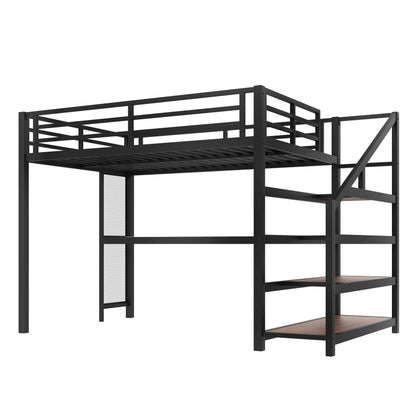 Full Size Loft Bed with Desk and Storage Stairs, Metal Loft Bed Frame with LED Lights, Charging Station, and Multi-function Iron Nets, Loftbed for Kids, Teens, Adults, Noise-free, Black and Wood