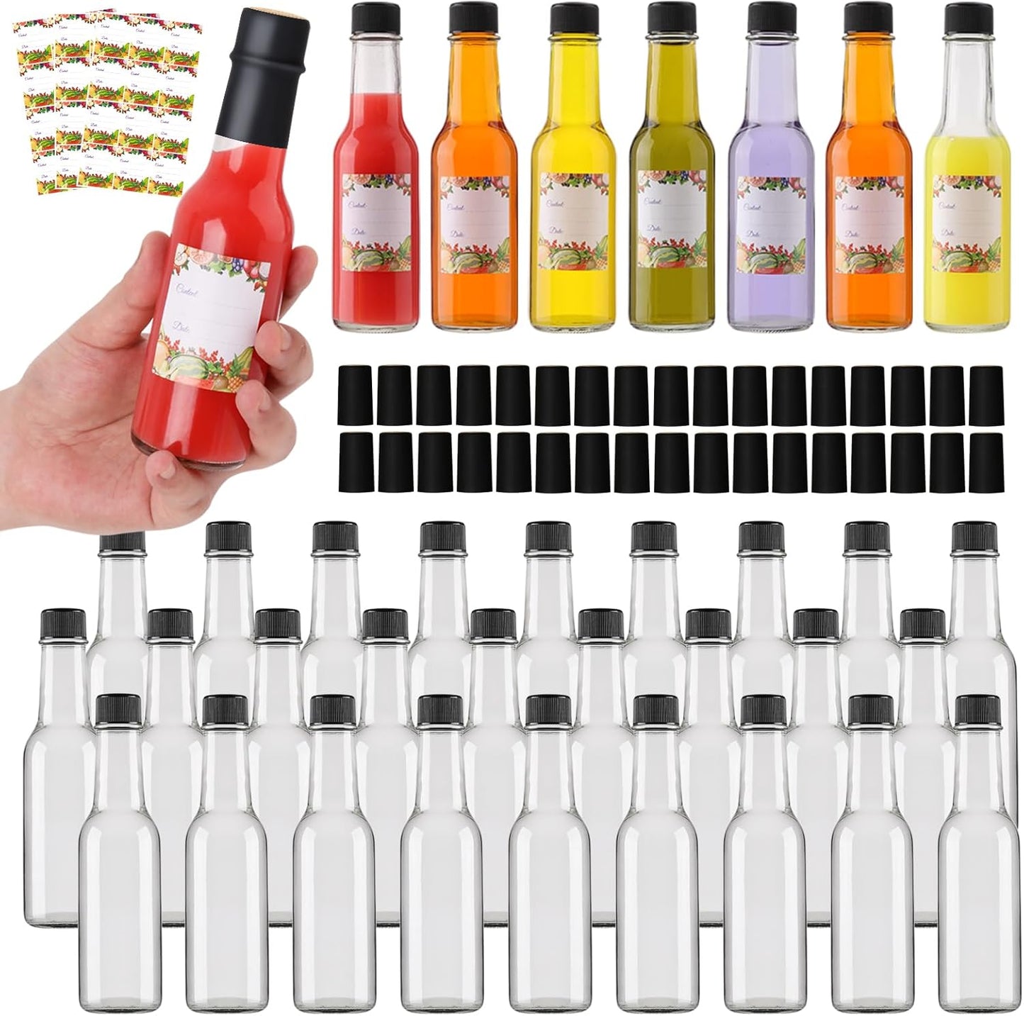 35 Pack 5 oz Woozy EkkoVla Clear Glass Hot Sauce Bottle with Black Caps and Orifice Reducers, Clear Bottles Empty Wine