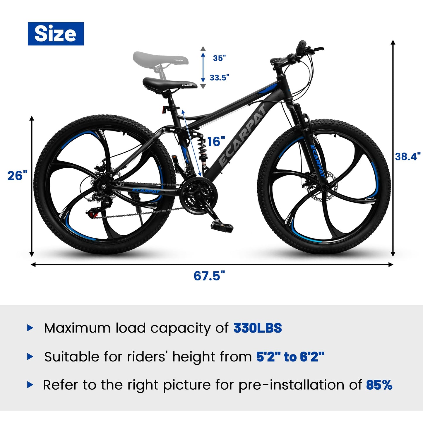 Ecarpat Full Suspension Mountain Bike 26 Inch Wheel, 21 Speed Mountain Bicycle with High-Carbon Steel and Dual Disc Brakes, Outdoor Cycling MTB Bike for Men Adult, Black