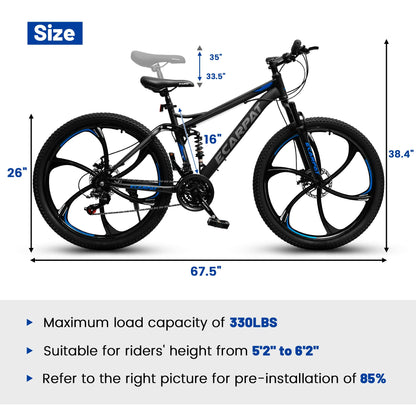 Rycheer Ecarpat 26 Inch Mountain Bike Full Suspension, 21 Speeds Dual Disc Brake, 6 Spokes Men Women Mountain Bike, Durable Carbon Steel Bicycle, Adult Trail Beach Snow Commuter City Bikes