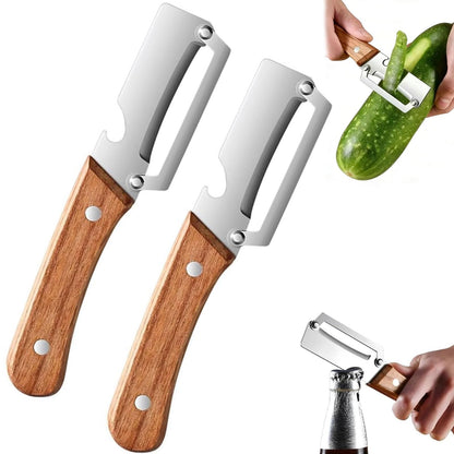 2 Pack 2 in 1 Multifunctional Vegetable Peeler, Sharp Stainless Steel Blade, Wooden Handle & Bottle Opener, Non-Slip Ergonomic Tool for Potato, Apple, Carrot, Pumpkin, Pineapple, Papaya, Zucchini