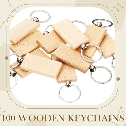 Yinkin 100 Pcs Wooden Keychain Blanks Bulk Laser Engraving Key Chain Unfinished Wooden Key Ring Tag for DIY Gift Crafts (Rectangle)