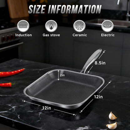 Toutrop Non Stick Stainless Steel Skillet,12 Inch Square Frying Pan, Nonstick Grill Pan for All Stoves, Oven Dishwasher Safe, PFOA Free