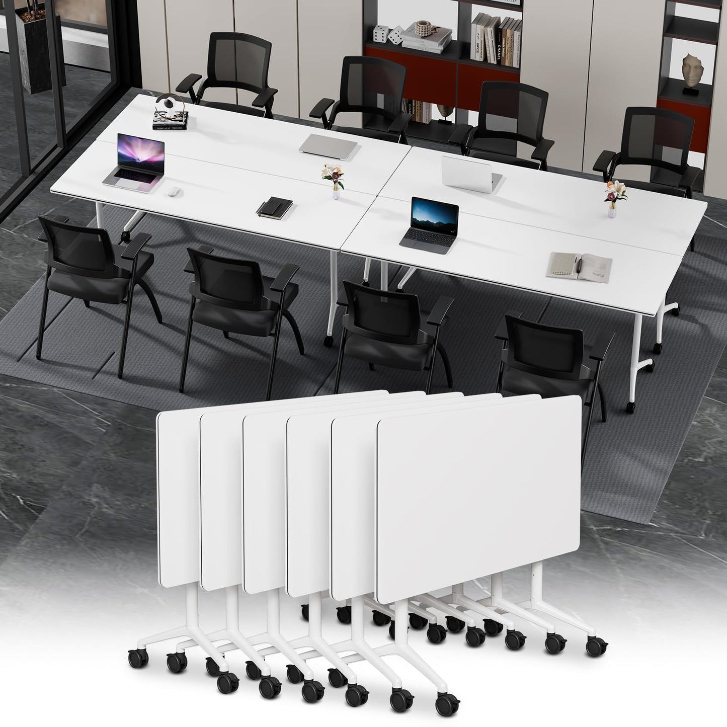 Modular Folding Conference Table with Wheels,6 Pack Mobile Conference Room Tables,Filp Top Rolling Meeting Training Tables for Office,Classroom,Library,Seminar,Boardroom,school(6pack,White,47in)