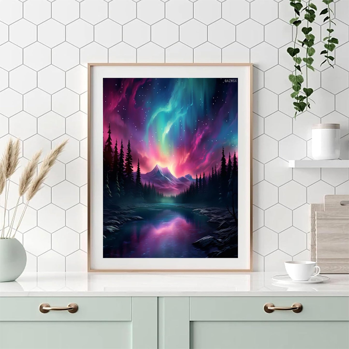 QAZWSX 5D Diamond Art Painting Kit with Round Full Diamond Art for Beginners, Cross Stitch gem Wall Art Home Decor 30x40cm Northern Lights, Mountains, Trees, Lakes