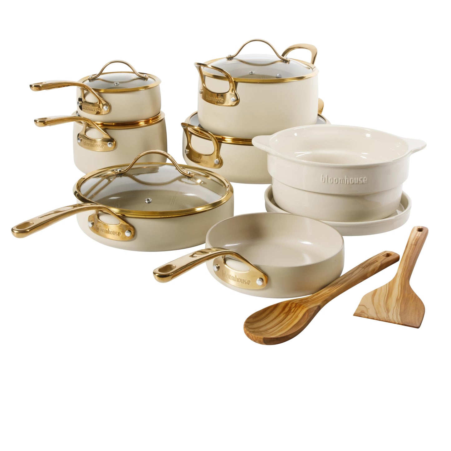 Bloomhouse - Two Time Oprah's Favorite Things Winner - 15 Piece Pots and Pans Heavy Duty Aluminum Premium PFA Free Ceramic Nonstick Cookware Set - Almond Cream w/Gold Handle