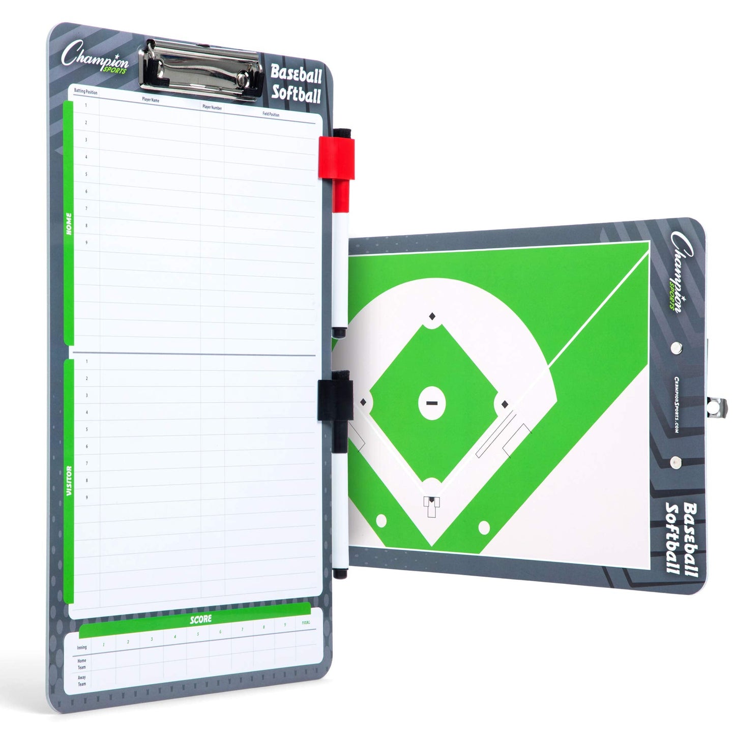 Champion Sports Dry Erase Clipboard for Coaching Baseball - Whiteboards for Strategizing, Techniques, Plays - 2-Sided Clipboards with Clip - Front Side Full Feild - Backside 2-Team Lineup (BSBOARD)