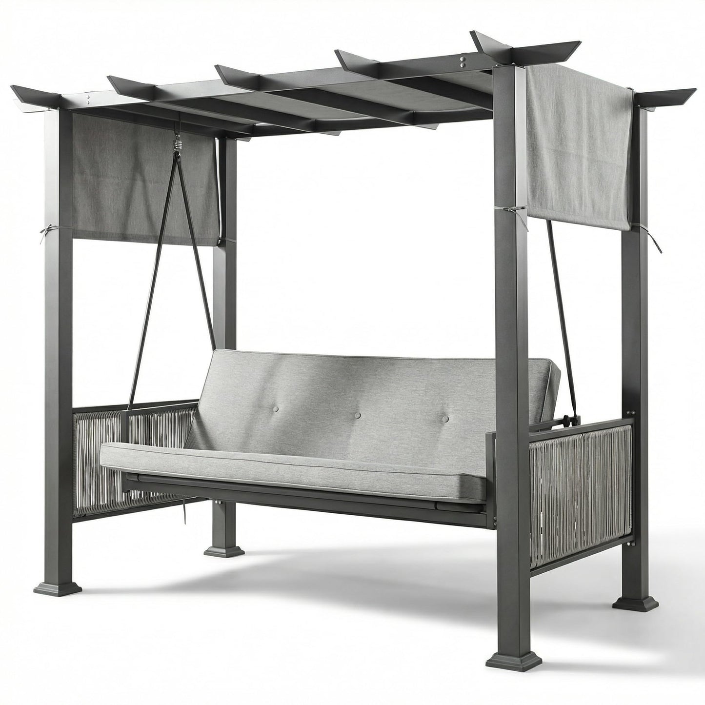 Pamapic 2-in-1 Convertible Porch Swing Bed, 3-Seat Elegant Patio Swing with Wicker Armrests, Outdoor Chair with Adjustable Canopy for Balcony, Garden, and Poolside, Gray