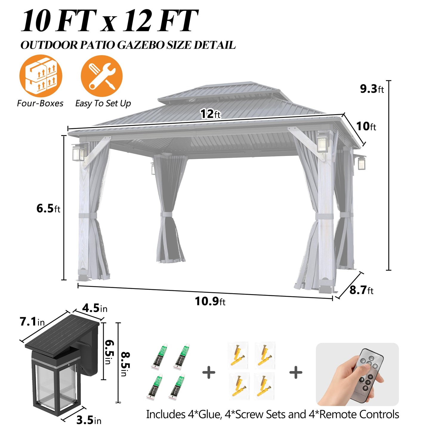 GARTOO 10' x 12' Outdoor Wood Gazebo - Permanent Wooden Hardtop Gazebo Pavilion with Double Curtains & Solar LED Light, Galvanized Steel Roof Cedar Wood Gazebos for Garden, Backyard Deck