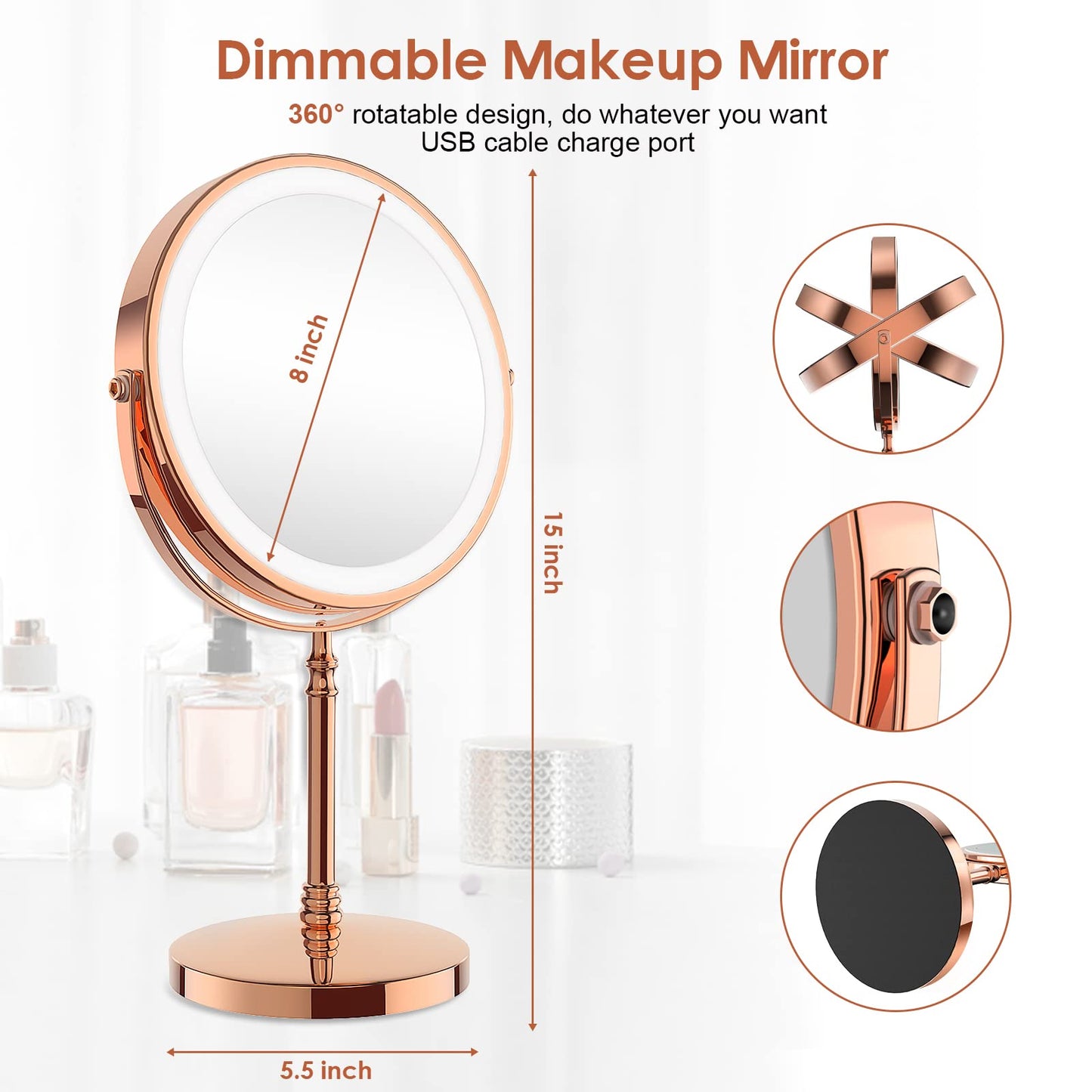 Lighted Makeup Mirror, 3000 mAh Rechargeable Double Sided Magnifying Vanity Mirror with 3 Colors, 1x/10x, 360° Rotation , Brightness Adjustable Magnification Cosmetic Light up Mirror, Women Gift