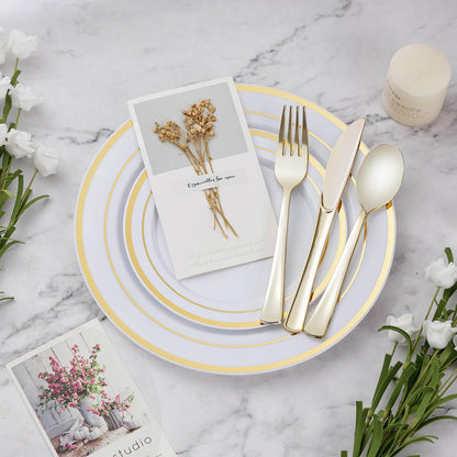 BESTVIP 600PCS Gold Dinnerware Set for 100 Guests, Plastic Plates for Party, 100 Gold Disposable Plates, 100 Dessert Plates, 100 Cups, 100 Spoons, 100 Forks and 100 Knives