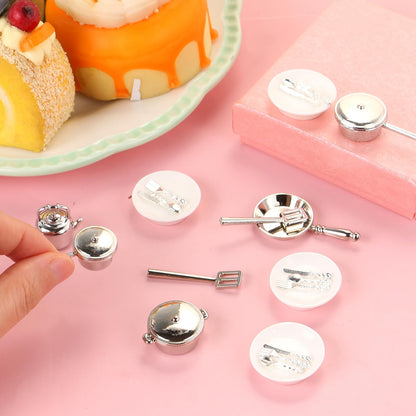26 Pieces Dollhouse Miniatures Kitchen Set Metal Miniature Baking Set Include Mini Pots Mini Pans Plates Knife Fork Spoon for Dollhouse Party Decoration Supplies