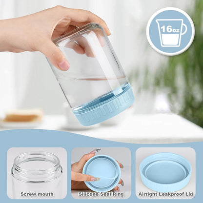 16oz 2 SHOWIN Overnight Oats Containers with Lids, Glass Jars with Lids pcs, Light Blue, Wide Mouth Mason jars