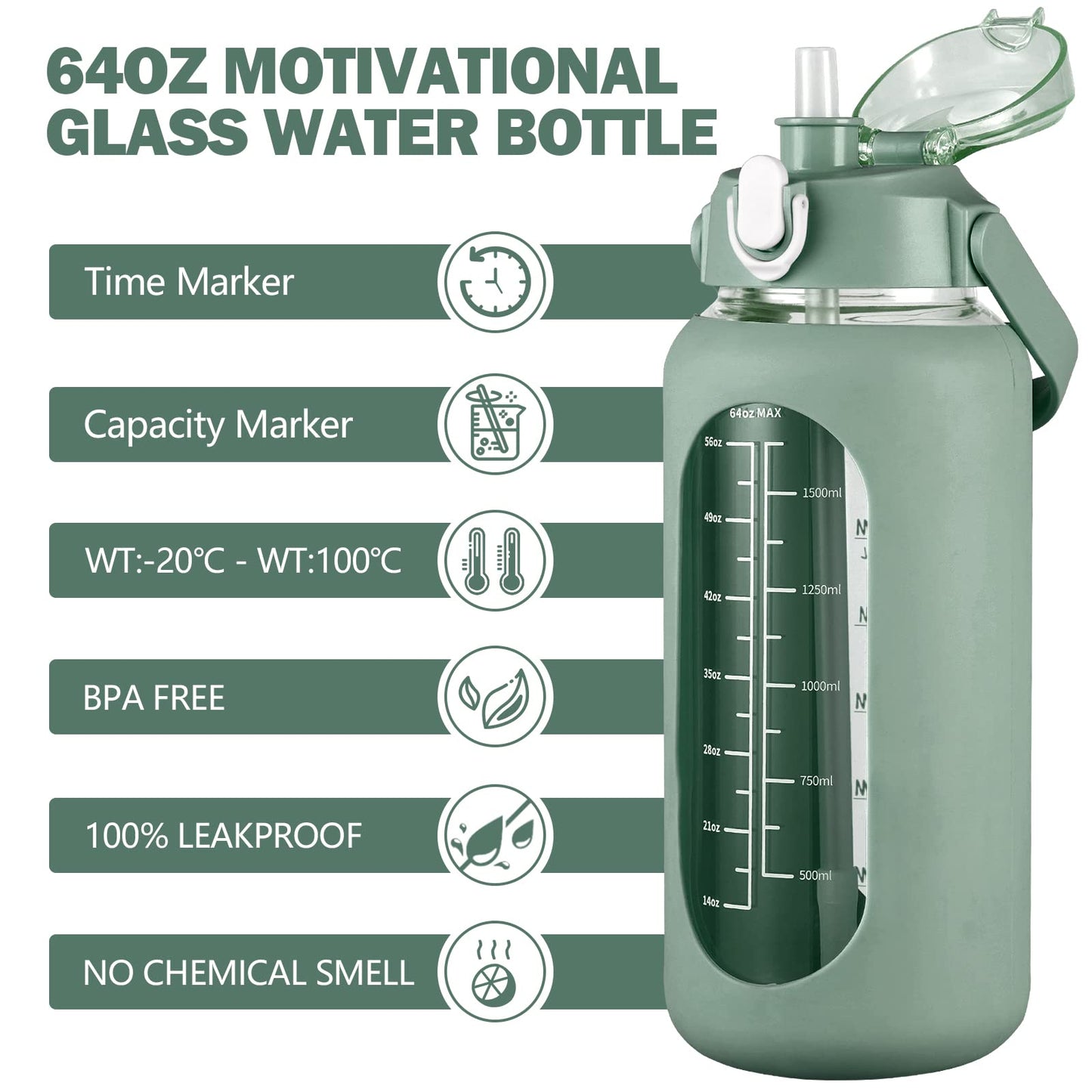 kytffu 64oz Glass Water Bottles with Straw, Half Gallon Motivational Glass Bottle with Silicone Sleeve and Time Marker, 2L Leakproof Large Glass Water Jug for Gym Home Office,olive